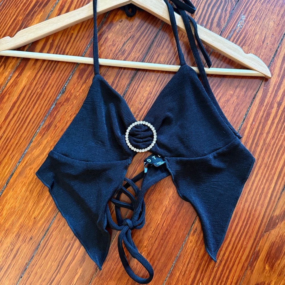 Motel Rocks Black Halter Top with Ring Detail